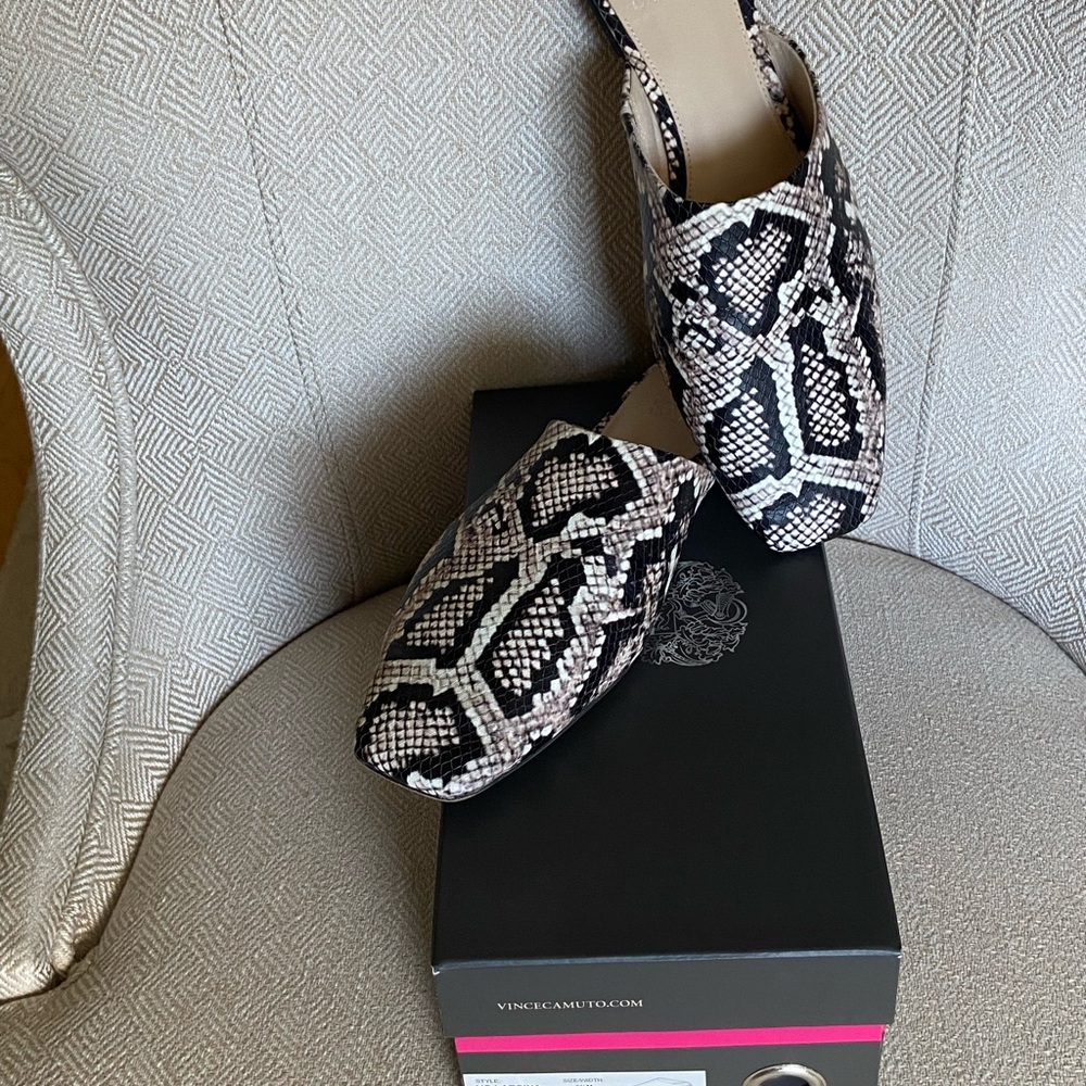 Vince Camuto Brown and Bone Snake Pattern Mules